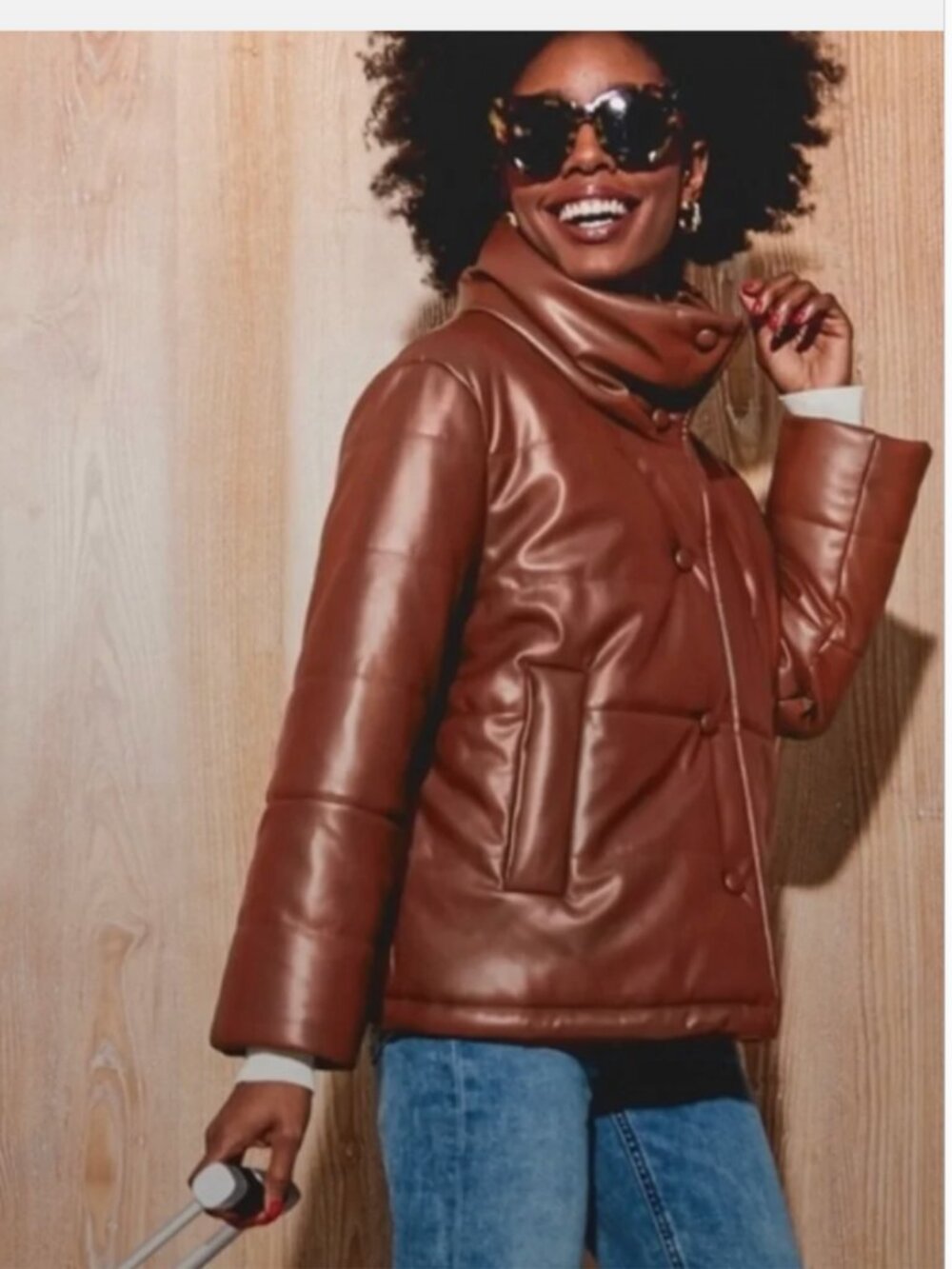 Pomander Place Cognac Brown Faux-Leather Puffer Jacket